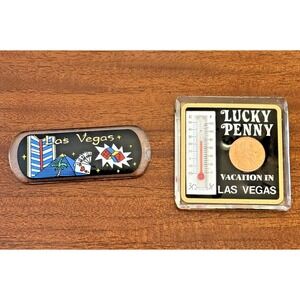 Las Vegas Souvenir Magnets Lot of 2 Lucky Penny Thermometer, Dice Cards 90s